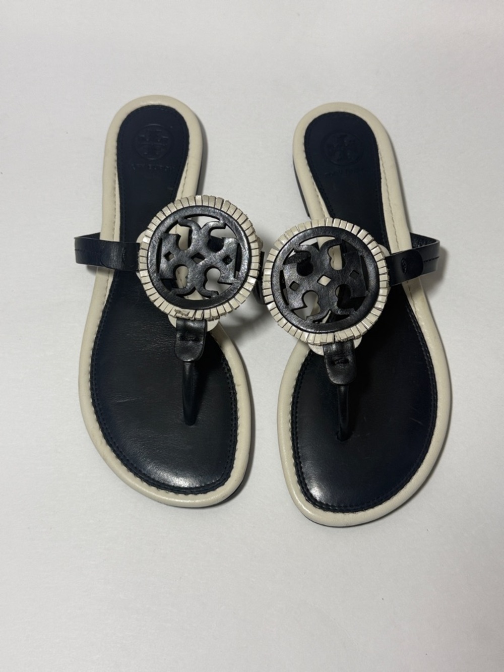 Tory Burch Black and White Logo Thong Sandals